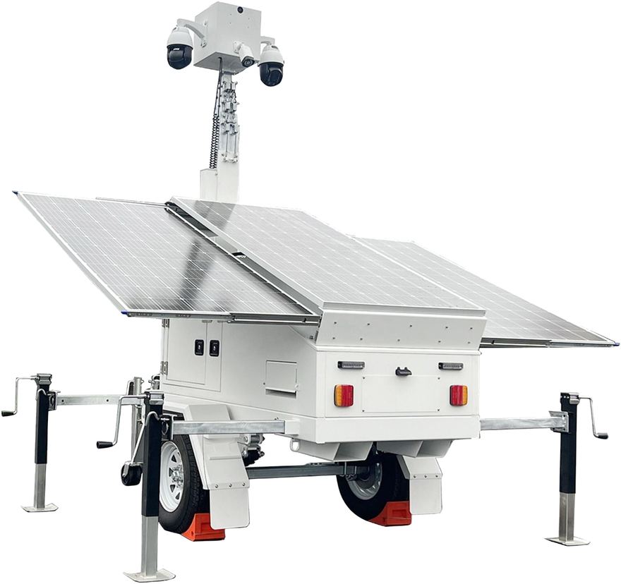 Eagle 360 mobile surveillance trailer showing twin solar arrays, telescoping mast with two pan-tilt-zoom cameras, four stabiliser jacks and a lockable equipment cabinet.